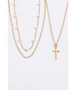 Gold Retro Multi-Layer Pearl and Cross Pendant Necklace Set - $2.63