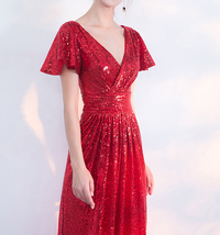 RED Sequin Maxi Dress Gown Women Custom Plus Size Cap Sleeve Party Dress image 3