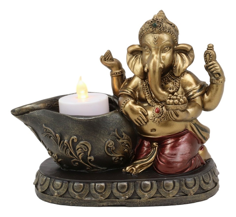God Ganesha With Modaka Bowl Kneeling By Well Votive Candle Holder Statu... - $24.99