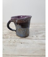 Handmade Pottery Mug signed on bottom purple blue green glaze spider web... - $27.28 CAD