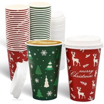 50 Packs Christmas Disposable Coffee Cups with Lids 16 Oz Thickened Christmas Pa - £31.84 GBP