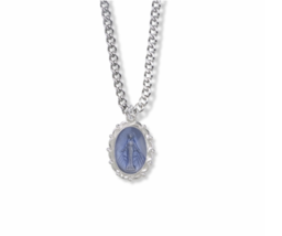 Sterling Silver Blue Enameled Oval Miraculous Medal Necklace &amp; Chain - £119.89 GBP