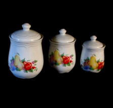 Vintage Kitchen Canisters White With Fruit Pattern &amp; Lids - £23.70 GBP