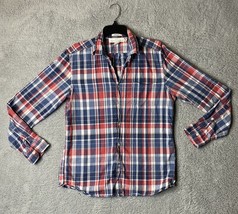 H&amp;M Button Down Collared Shirt Mens LOGG Red/blue Long Sleeved Plaid Medium - £7.36 GBP