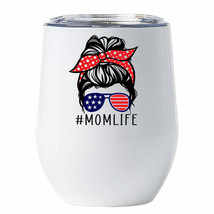 Mom Life Tumbler 12oz Messy Bun Hair American Flag Sunglasses Bandana Cup Gift - £18.31 GBP