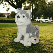 Husky Plush Dogs Mom &amp; Puppy Stuffed animal Gray White Blue Eyes 14&quot; - £12.50 GBP
