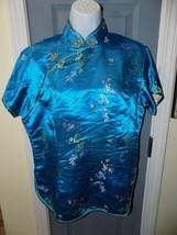 Bright Blue Chinese Women&#39;s Silk Design Shirt Flowers Top Size 12 Women&#39;s NEW - £35.70 GBP