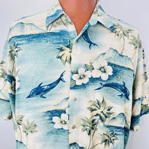 Vtg Campia Moda Hawaiian Aloha L Shirt Dolphins Islands Palm Trees Plumeria - £39.50 GBP