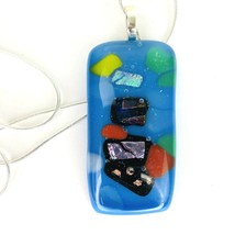 Dichroic Fused Art Glass Blue Black Orange Rectangle Pendant Necklace Chain  - $27.99