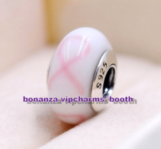 925 Sterling Silver Handmade Glass Bead Moments Pink Ribbon Murano Glass Charm  - $4.20