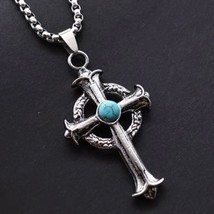 Mens Silver Turquoise Celtic Cross Pendant Christian Necklace Box Chain 24&quot; - £7.18 GBP
