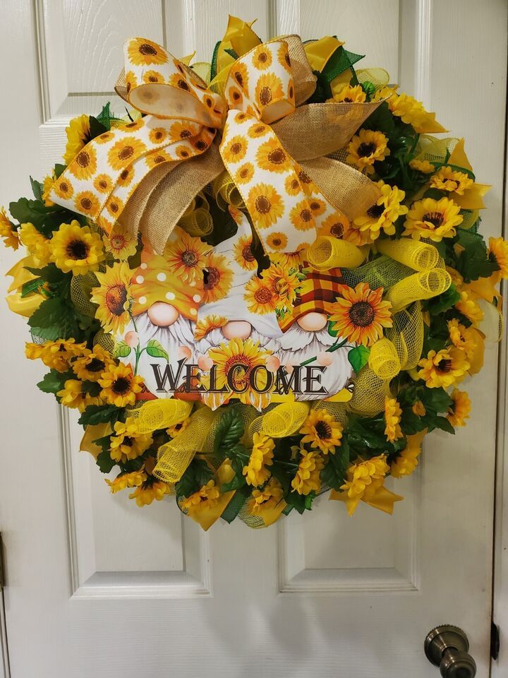 Primary image for Jumbo Sunflower Wreath Deco Mesh Gnomes Welcome Sign Farmhouse