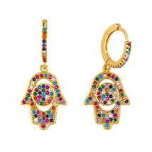 FA Gold Rainbow Fatima Hand Earrings for Woman Hamsa Zircon Rainbow Earrings 24K - £8.63 GBP