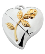 Heart Shaped w. Rose Design, USB Brass Funeral Cremation Urn Pendant Necklace - £155.38 GBP