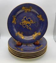 6x Antique Wedgwood #X8638 Cobalt &amp; Gold Foo Dog Cloisonne Style Salad Plates - £471.35 GBP