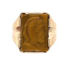 10k Yellow Gold Genuine Natural Tiger's Eye Men's Warrior Cameo Ring (#J6132) - £338.31 GBP