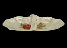 Handled Porcelain Candy Dish, Rose Bloom Pattern, Scalloped Beaded Rim, Vintage - £11.71 GBP