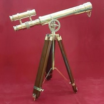 14" Maritime Double Barrel Telescope Wooden Tripod Stand Nautical For Home Decor - £71.98 GBP
