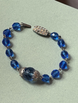 Vintage Czechoslovakia Marked Cobalt Blue Faceted Glass Bead Silvertone Bracelet - £15.54 GBP