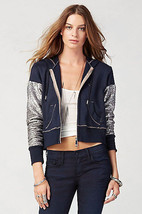 New Womens Designer True Religion Sequin Hoodie Jacket Crop Navy Blue Silver L - £158.45 GBP