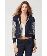 New Womens Designer True Religion Sequin Hoodie Jacket Crop Navy Blue Silver L - $197.01