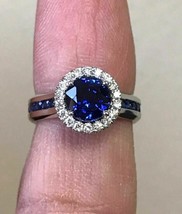 925 14K White Gold Plated 3Ct Round Cut CZ Sapphire Engagement Ring Halo - £88.27 GBP
