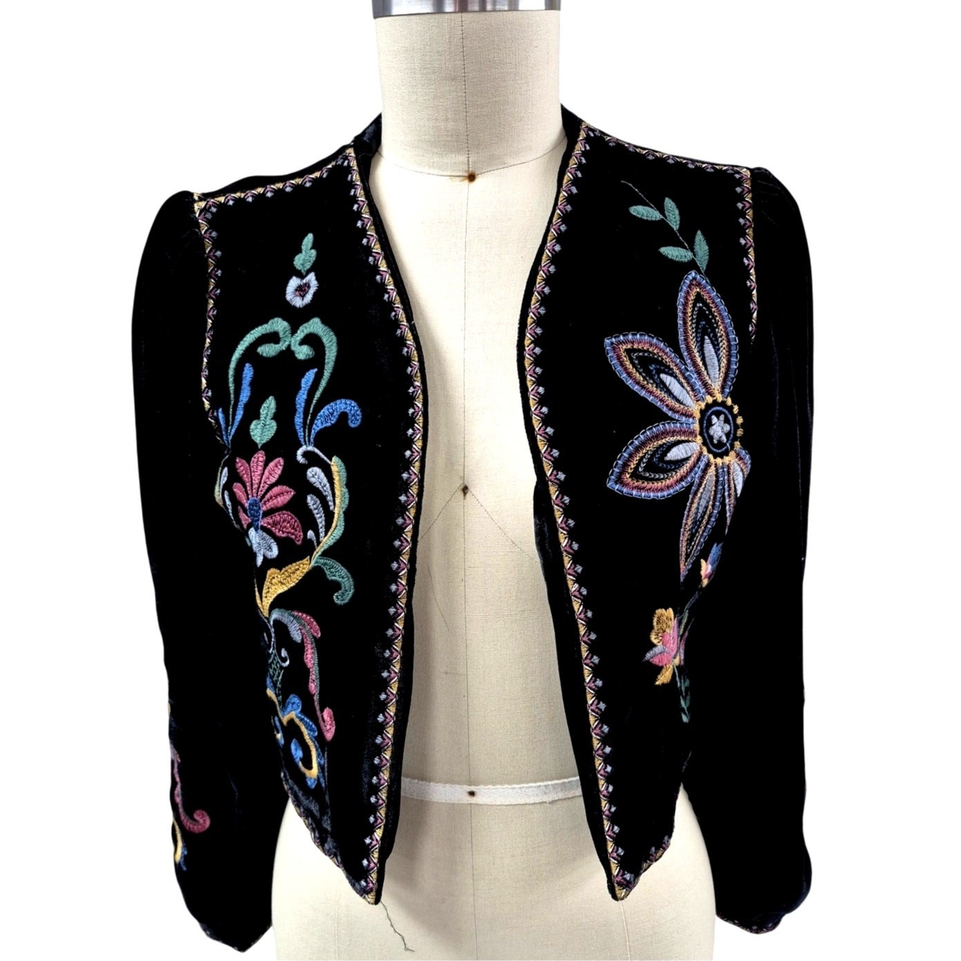 80s Velvet Festival Jacket Embroidered Floral Bolero | Balloon Sleeves Black L Item image 4