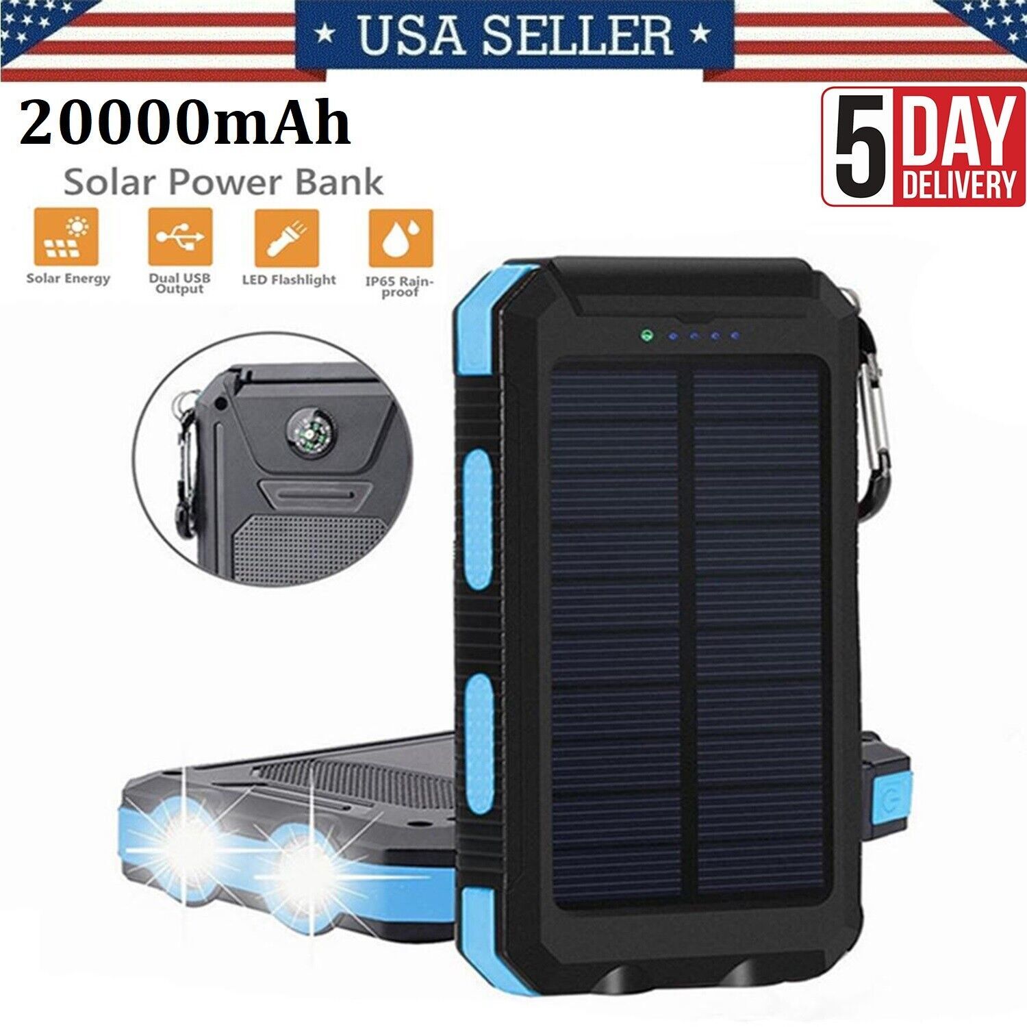 Primary image for 20000Mah Dual Usb Solar Power Bank Phone Charge Compass Outdoor Led Flashlight