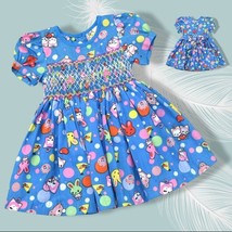 Cartoon Printed Smocked Embroidered Baby Girl Dress. Toddlers Celebration Dress. - £30.83 GBP