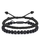 Men&#39;s Black Beaded Bracelet Set - Obsidian Onyx Lava Beads for Couples - $22.45