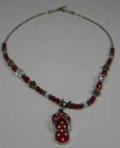 17” Red Clear Metallic Beaded Necklace W Red White Polka Dot Sandal Pendant - £7.08 GBP