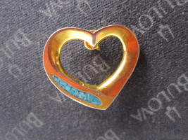 vintage enamel Lapel Pin: gold hollow Heart w/ inlaid Turquoise chips - ... - $15.00