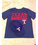 Lot of 2 MLB Size 8/10 Texas Rangers shirt cap hat set blue short sleeve  - £17.19 GBP