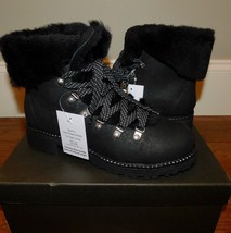J.Crew Sz 8 Nordic Hiking Boots Black Leather Faux Fur Shoes (2 Laces) $... - £70.43 GBP