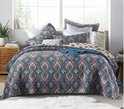 3pc. Bohemian Style King Size Blue White Red Quilted Coverlet Bed Set - £176.59 GBP