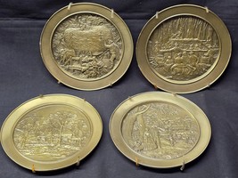 Vintage CURRIER &amp; IVES Set Of 4 SOLID BRASS Wall Décor Plates - All Diff... - £17.58 GBP