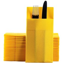 Yellow Dinner Napkins Cloth Like With Built-In Flatware Pocket, Linen-Fe... - £39.95 GBP