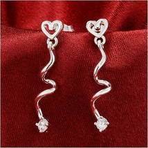 14k White Gold over 925SS Round Diamond Alternatives Dangle Heart Swirl Earrings - £19.25 GBP