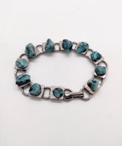 Faux Turquoise Nugget Silver Tone Chain Link Bracelet Embossed Links  - £7.90 GBP