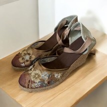 Vtg Payless Gold Bronze Espadrille Wedge Sandal Womens Ankle Strap Taupe... - $28.21