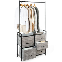 5-Drawer Fabric Dresser w/Hanger Metal Frame &amp; Wooden Top Storage Organizer - £115.37 GBP