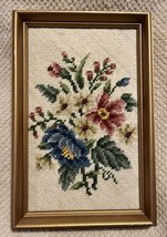 Vintage Floral Sampler Gold Framed Completed Needlepoint 8&quot; x 12&quot; Wall Decor - £37.92 GBP