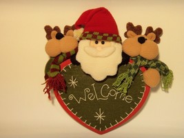 Christmas Welcome Sign W Santa &amp; Reindeer Wood W Plush Figures Craft - £11.72 GBP