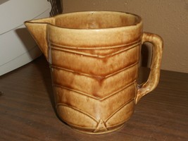 USA Pottery Brown Pitcher Vase Mid Century Art Deco Handle Ribbed Sides - £21.70 GBP