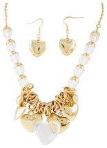 Clear Icy and Goldtone Hearts Beads Pendant Necklace and Earrings, 17.5+3&quot; Ext. - £10.26 GBP