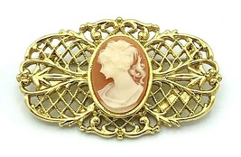 Gold Tone Open Work Resin Cameo Brooch Pin - £11.03 GBP