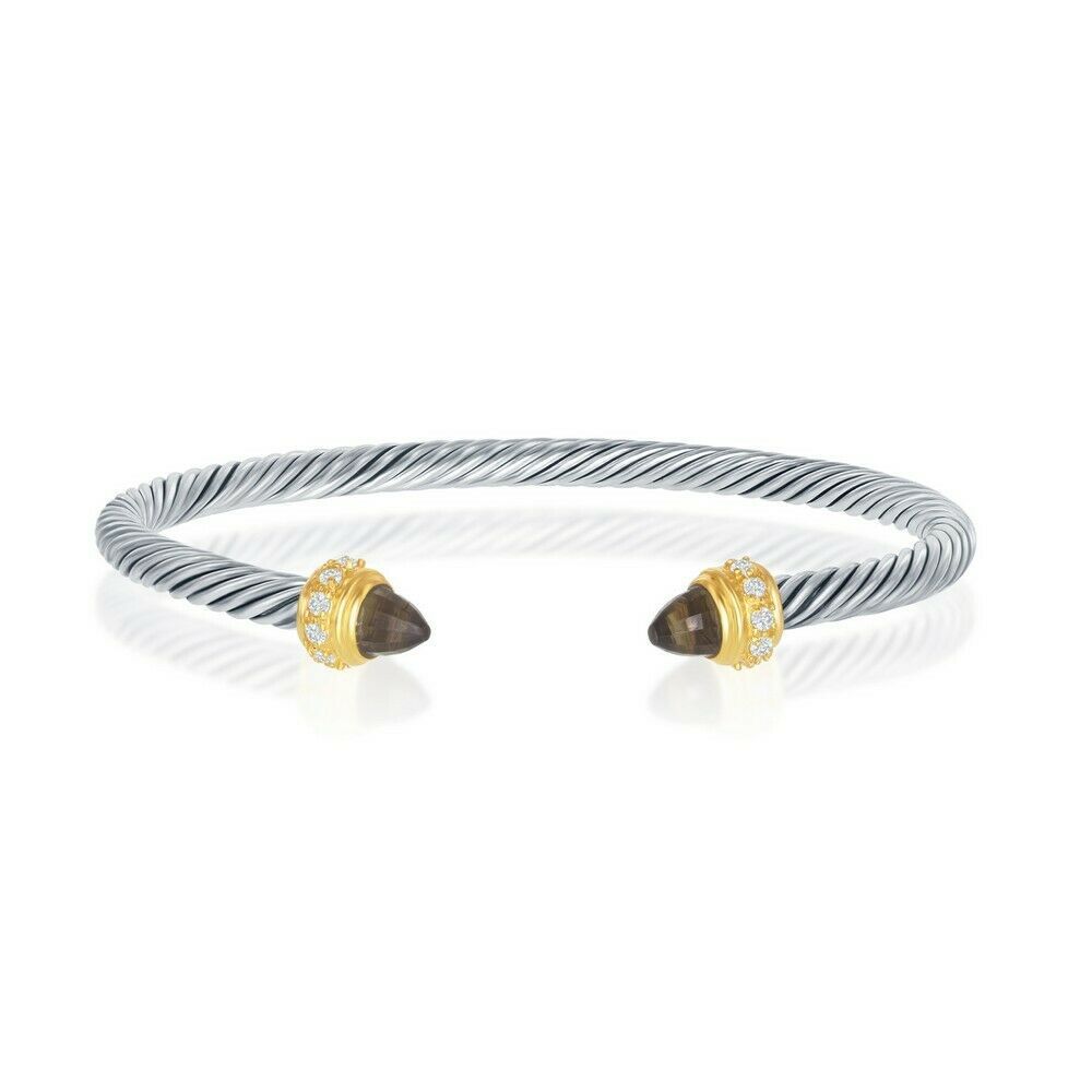 Primary image for Sterling Silver Gold Plated 4mm Double Smoky Topaz and Clear CZ Ends Rope Bangle