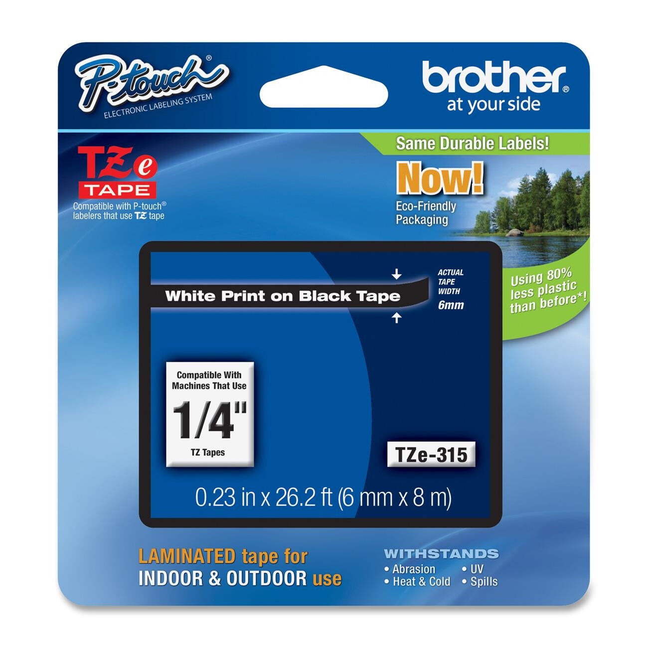 Brother TZe315 1/4" white on black TZe tape PTD200 PT200 PT1090BK PT1280 label