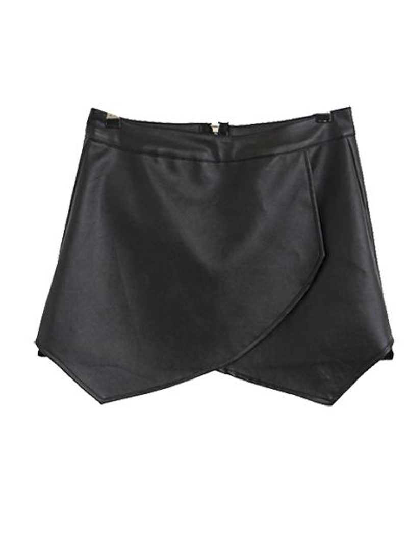 Womens Black Sleek Faux Leather Skort Uneven Mini Skirt  Item image 3