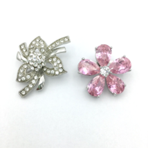 RHINESTONE FLOWER pins - lot of 2 blingy silver-tone prong-set &amp; pave br... - £14.35 GBP